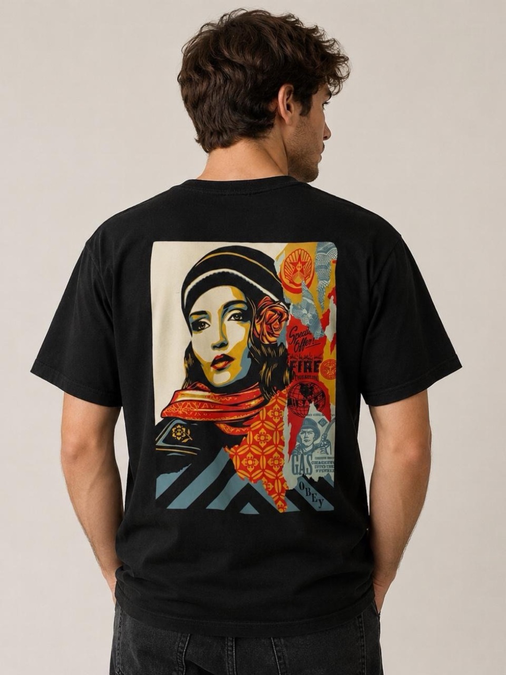 OBEY Mens Fire Sale Black Shepard Fairey Art Graphic Short Sleeve Tee Shirt XL
